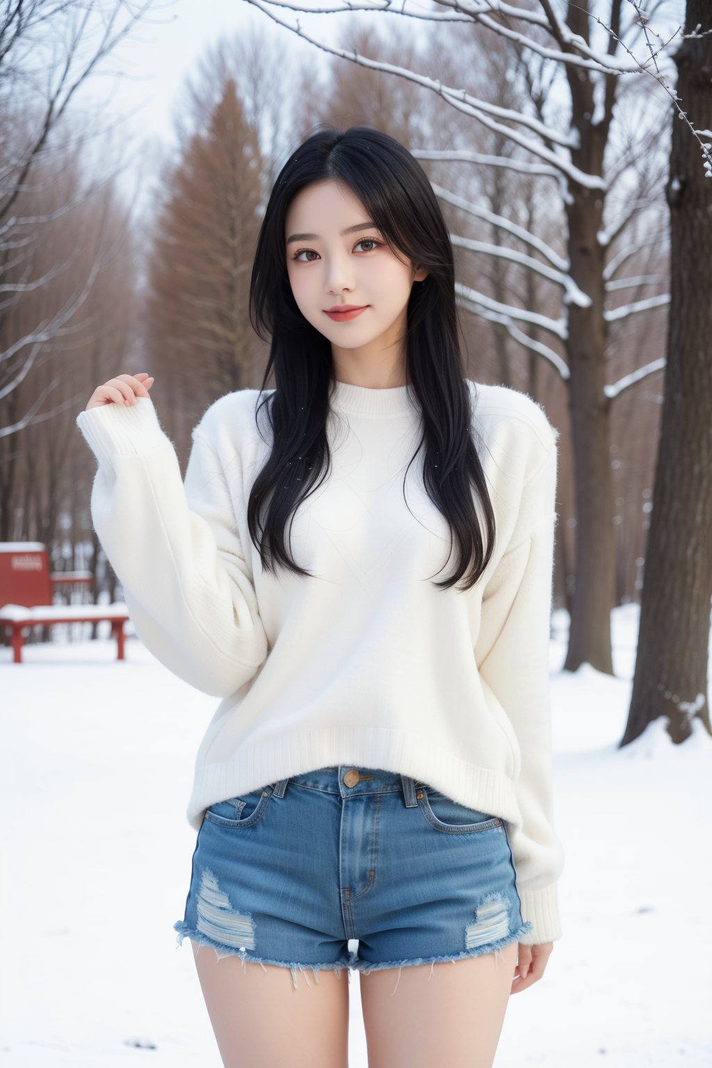 00215-164271420-In the cold winter,a beautiful girl stands gracefully in a black sweater and denim shorts. She has black hair and vibrant purple.png